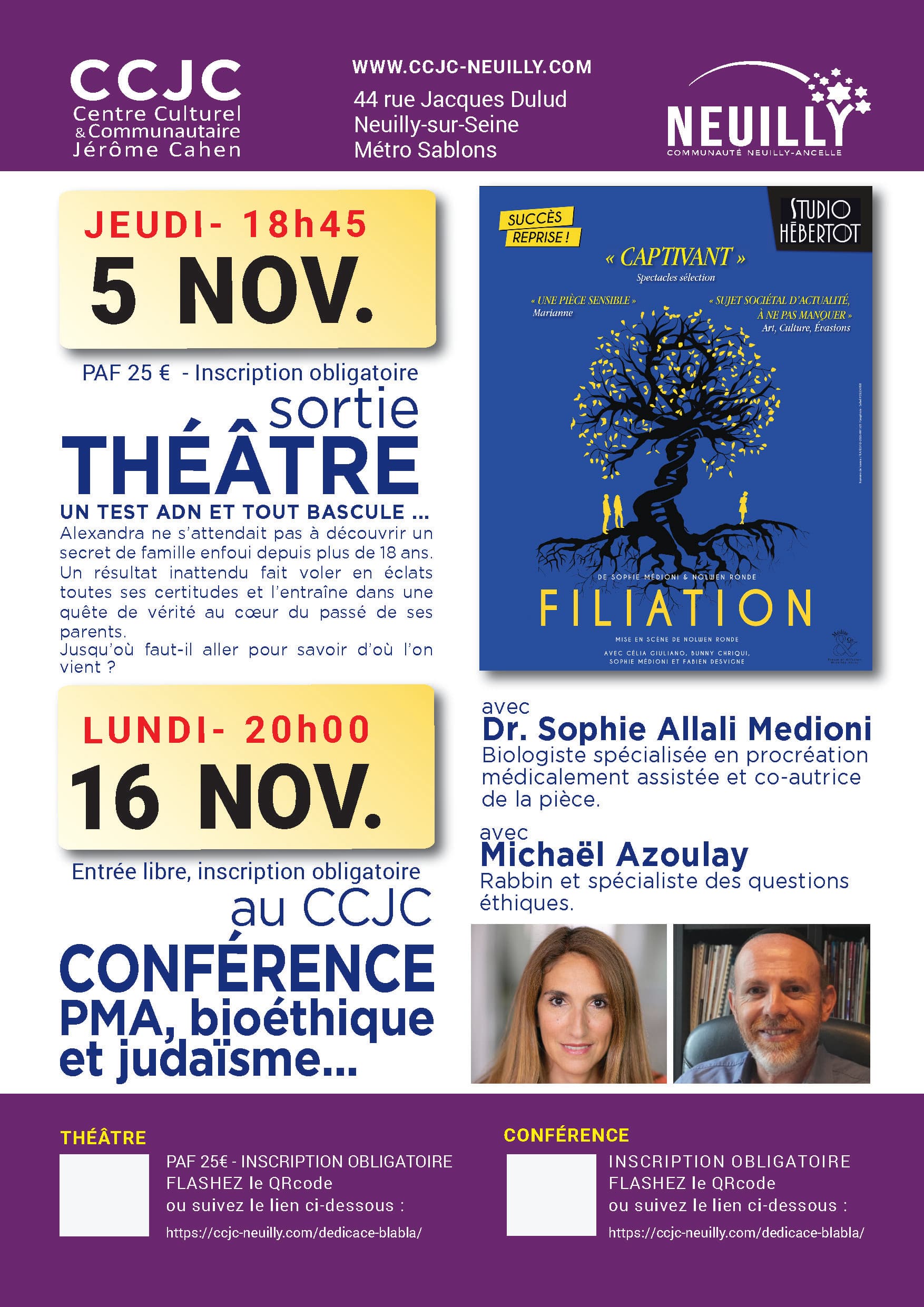 Affiche complète des deux rendez-vous Filiation : sortie théâtre et conférence au CCJC