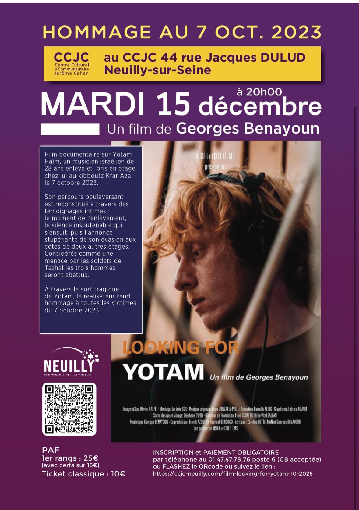 Affiche officielle de la projection du documentaire Looking for Yotam au CCJC le 15 décembre 2026